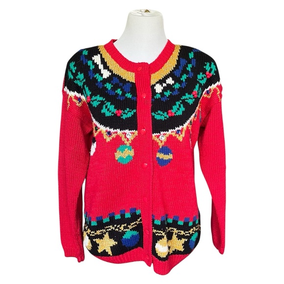 Vintage Red Christmas Cardigan Festive Holiday Patterns Women’s Medium - Picture 7 of 7